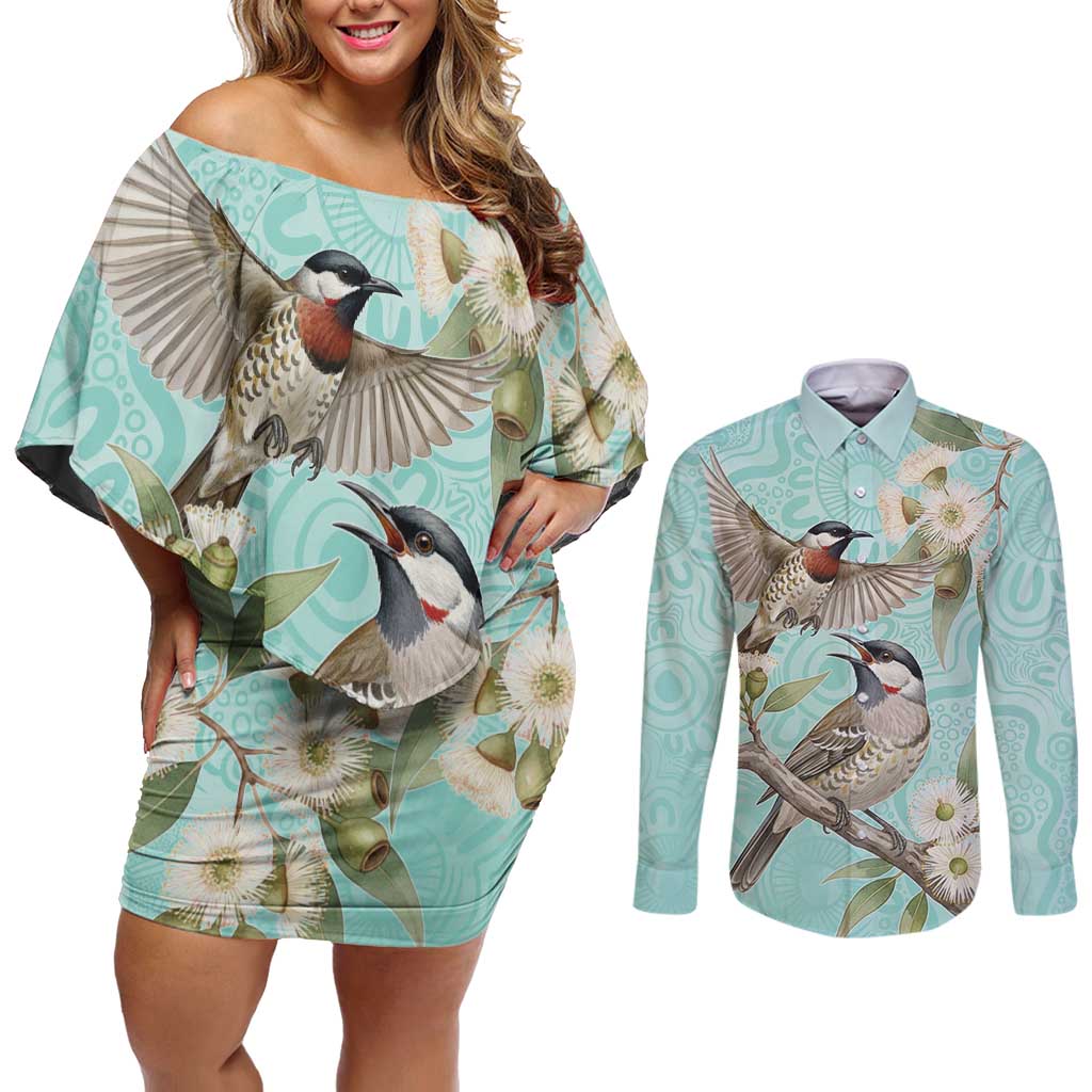 Australia Red Wattlebird Couples Matching Off Shoulder Short Dress and Long Sleeve Button Shirt Eucalyptus Alba Indigenous Art - Aussie Hoodie