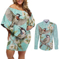 Australia Red Wattlebird Couples Matching Off Shoulder Short Dress and Long Sleeve Button Shirt Eucalyptus Alba Indigenous Art - Aussie Hoodie