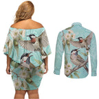 Australia Red Wattlebird Couples Matching Off Shoulder Short Dress and Long Sleeve Button Shirt Eucalyptus Alba Indigenous Art - Aussie Hoodie