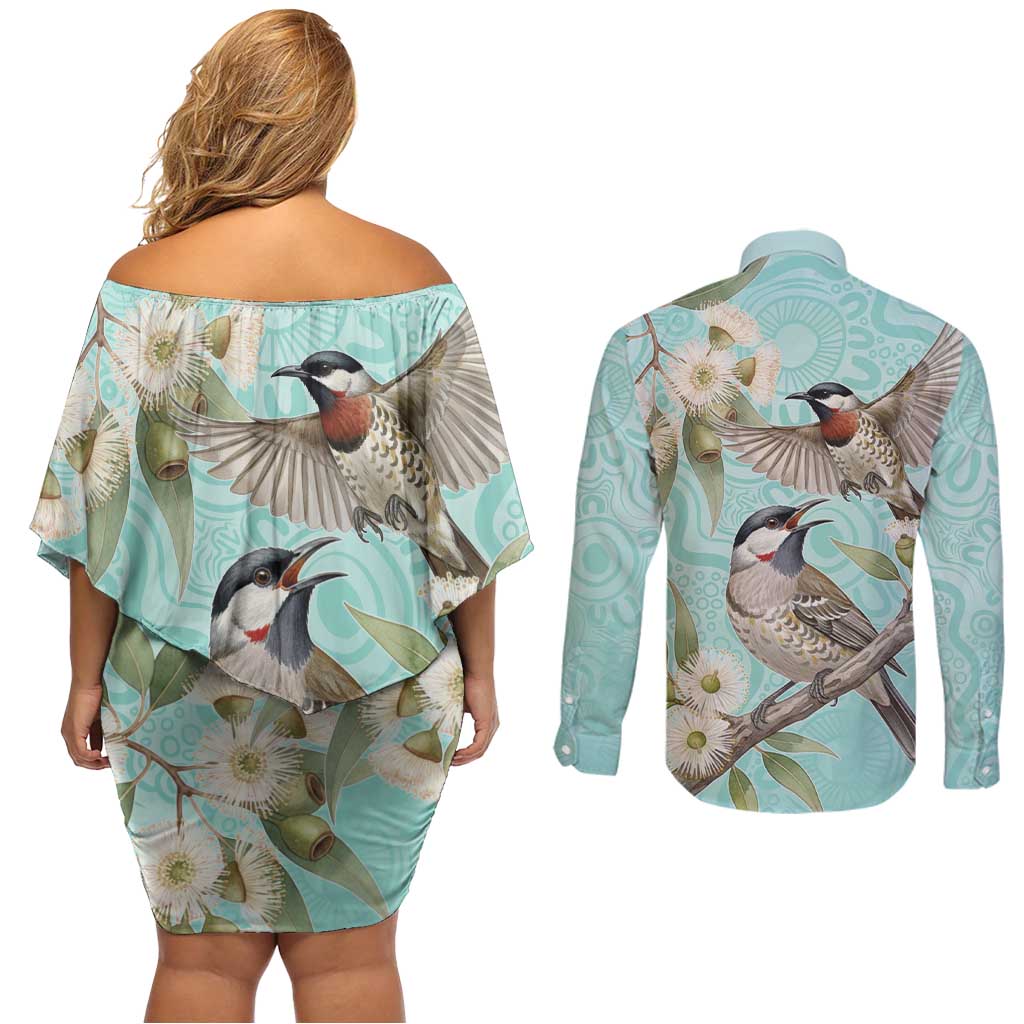 Australia Red Wattlebird Couples Matching Off Shoulder Short Dress and Long Sleeve Button Shirt Eucalyptus Alba Indigenous Art - Aussie Hoodie