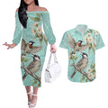 Australia Red Wattlebird Couples Matching Off The Shoulder Long Sleeve Dress and Hawaiian Shirt Eucalyptus Alba Indigenous Art - Aussie Hoodie