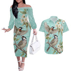 Australia Red Wattlebird Couples Matching Off The Shoulder Long Sleeve Dress and Hawaiian Shirt Eucalyptus Alba Indigenous Art - Aussie Hoodie