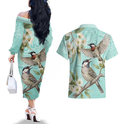 Australia Red Wattlebird Couples Matching Off The Shoulder Long Sleeve Dress and Hawaiian Shirt Eucalyptus Alba Indigenous Art - Aussie Hoodie