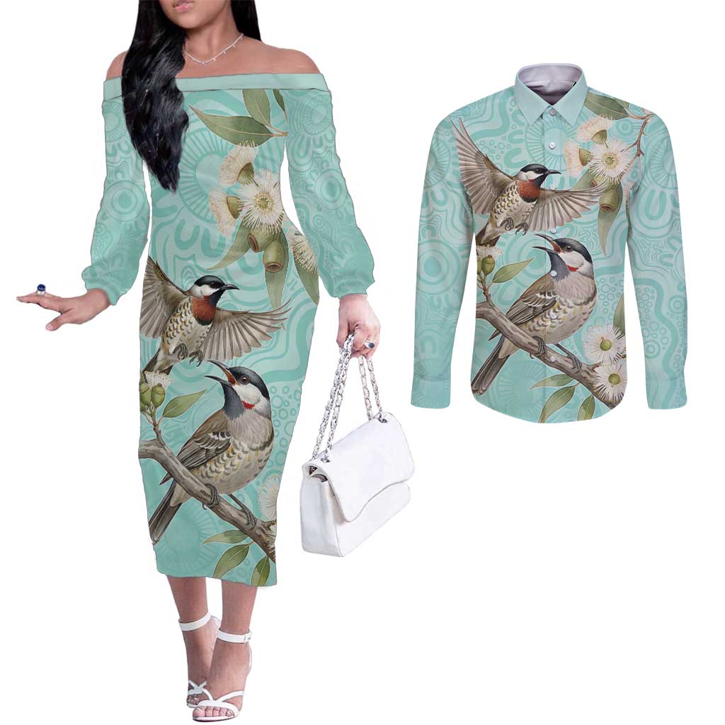 Australia Red Wattlebird Couples Matching Off The Shoulder Long Sleeve Dress and Long Sleeve Button Shirt Eucalyptus Alba Indigenous Art - Aussie Hoodie