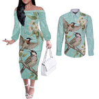 Australia Red Wattlebird Couples Matching Off The Shoulder Long Sleeve Dress and Long Sleeve Button Shirt Eucalyptus Alba Indigenous Art - Aussie Hoodie