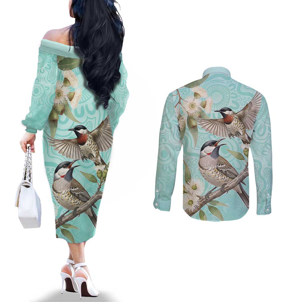 Australia Red Wattlebird Couples Matching Off The Shoulder Long Sleeve Dress and Long Sleeve Button Shirt Eucalyptus Alba Indigenous Art - Aussie Hoodie