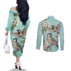 Australia Red Wattlebird Couples Matching Off The Shoulder Long Sleeve Dress and Long Sleeve Button Shirt Eucalyptus Alba Indigenous Art - Aussie Hoodie