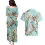 Australia Red Wattlebird Couples Matching Puletasi and Hawaiian Shirt Eucalyptus Alba Indigenous Art - Aussie Hoodie