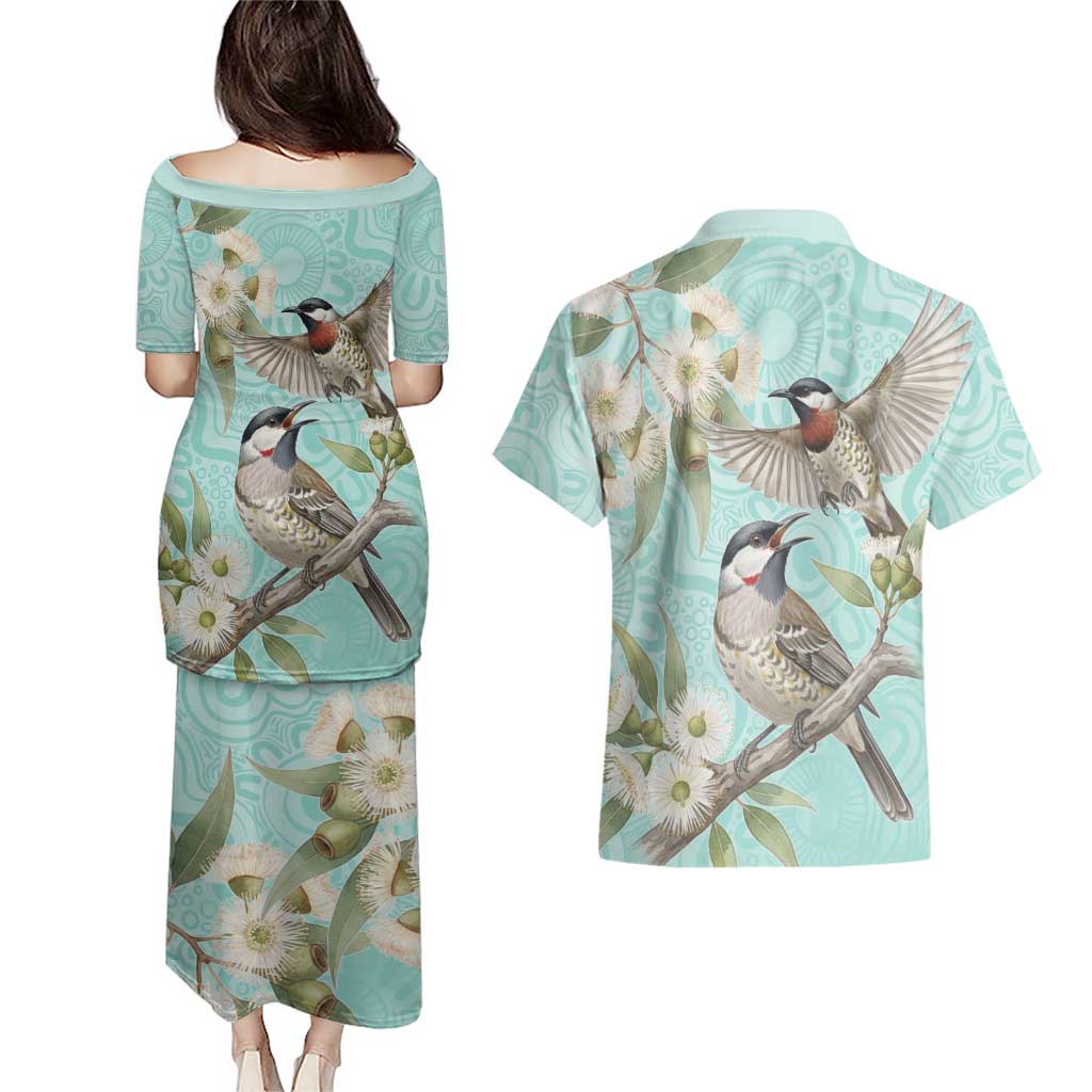 Australia Red Wattlebird Couples Matching Puletasi and Hawaiian Shirt Eucalyptus Alba Indigenous Art - Aussie Hoodie