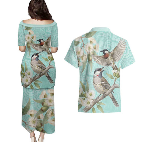 Australia Red Wattlebird Couples Matching Puletasi and Hawaiian Shirt Eucalyptus Alba Indigenous Art - Aussie Hoodie