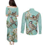 Australia Red Wattlebird Couples Matching Puletasi and Long Sleeve Button Shirt Eucalyptus Alba Indigenous Art - Aussie Hoodie