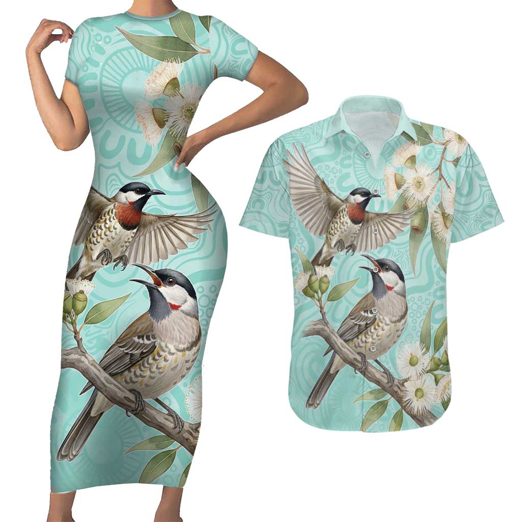 Australia Red Wattlebird Couples Matching Short Sleeve Bodycon Dress and Hawaiian Shirt Eucalyptus Alba Indigenous Art - Aussie Hoodie