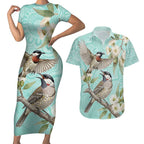 Australia Red Wattlebird Couples Matching Short Sleeve Bodycon Dress and Hawaiian Shirt Eucalyptus Alba Indigenous Art - Aussie Hoodie