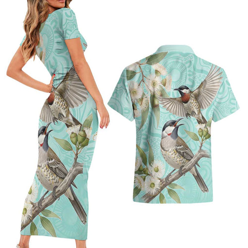 Australia Red Wattlebird Couples Matching Short Sleeve Bodycon Dress and Hawaiian Shirt Eucalyptus Alba Indigenous Art - Aussie Hoodie