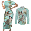 Australia Red Wattlebird Couples Matching Short Sleeve Bodycon Dress and Long Sleeve Button Shirt Eucalyptus Alba Indigenous Art - Aussie Hoodie