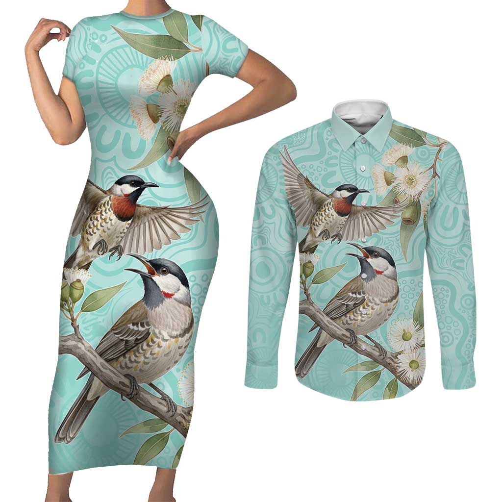Australia Red Wattlebird Couples Matching Short Sleeve Bodycon Dress and Long Sleeve Button Shirt Eucalyptus Alba Indigenous Art - Aussie Hoodie