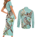 Australia Red Wattlebird Couples Matching Short Sleeve Bodycon Dress and Long Sleeve Button Shirt Eucalyptus Alba Indigenous Art - Aussie Hoodie