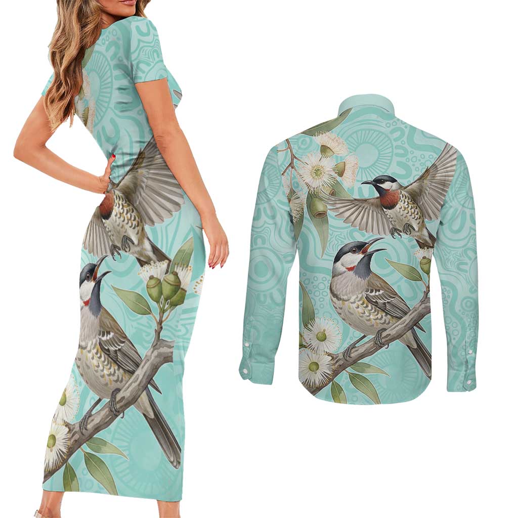 Australia Red Wattlebird Couples Matching Short Sleeve Bodycon Dress and Long Sleeve Button Shirt Eucalyptus Alba Indigenous Art - Aussie Hoodie