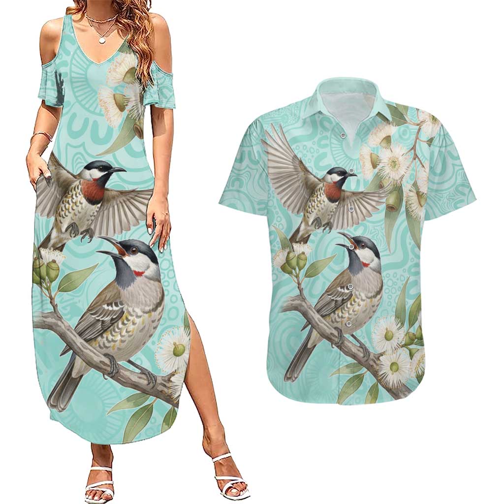 Australia Red Wattlebird Couples Matching Summer Maxi Dress and Hawaiian Shirt Eucalyptus Alba Indigenous Art - Aussie Hoodie