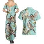 Australia Red Wattlebird Couples Matching Summer Maxi Dress and Hawaiian Shirt Eucalyptus Alba Indigenous Art - Aussie Hoodie
