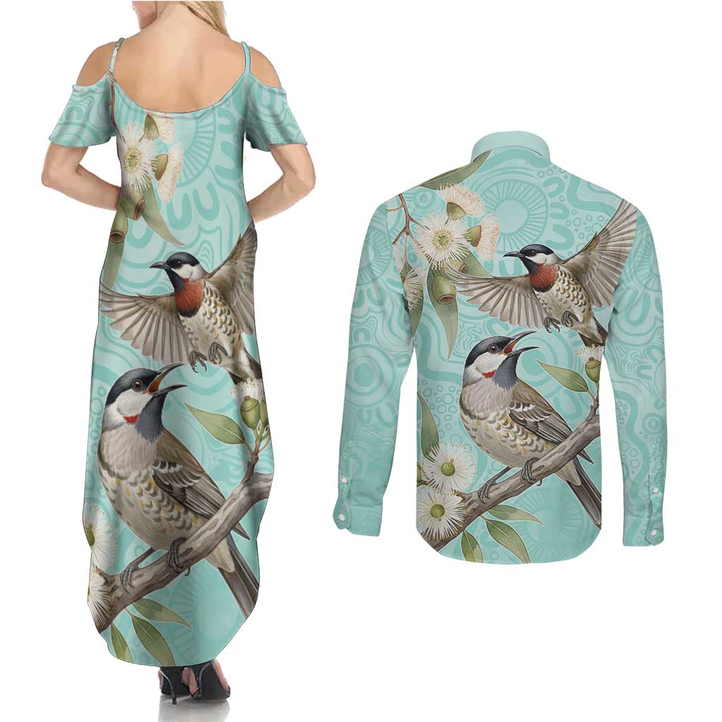 Australia Red Wattlebird Couples Matching Summer Maxi Dress and Long Sleeve Button Shirt Eucalyptus Alba Indigenous Art - Aussie Hoodie