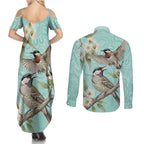 Australia Red Wattlebird Couples Matching Summer Maxi Dress and Long Sleeve Button Shirt Eucalyptus Alba Indigenous Art - Aussie Hoodie