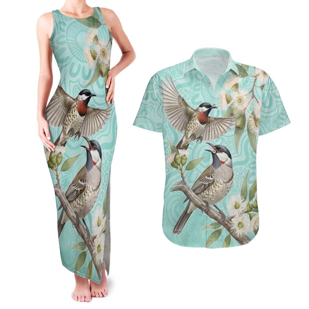Australia Red Wattlebird Couples Matching Tank Maxi Dress and Hawaiian Shirt Eucalyptus Alba Indigenous Art - Aussie Hoodie