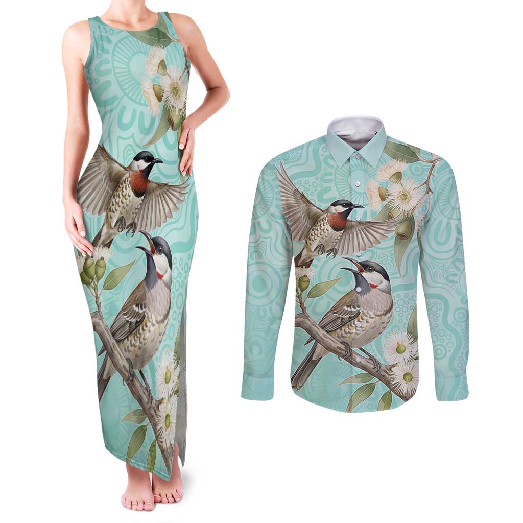 Australia Red Wattlebird Couples Matching Tank Maxi Dress and Long Sleeve Button Shirt Eucalyptus Alba Indigenous Art - Aussie Hoodie