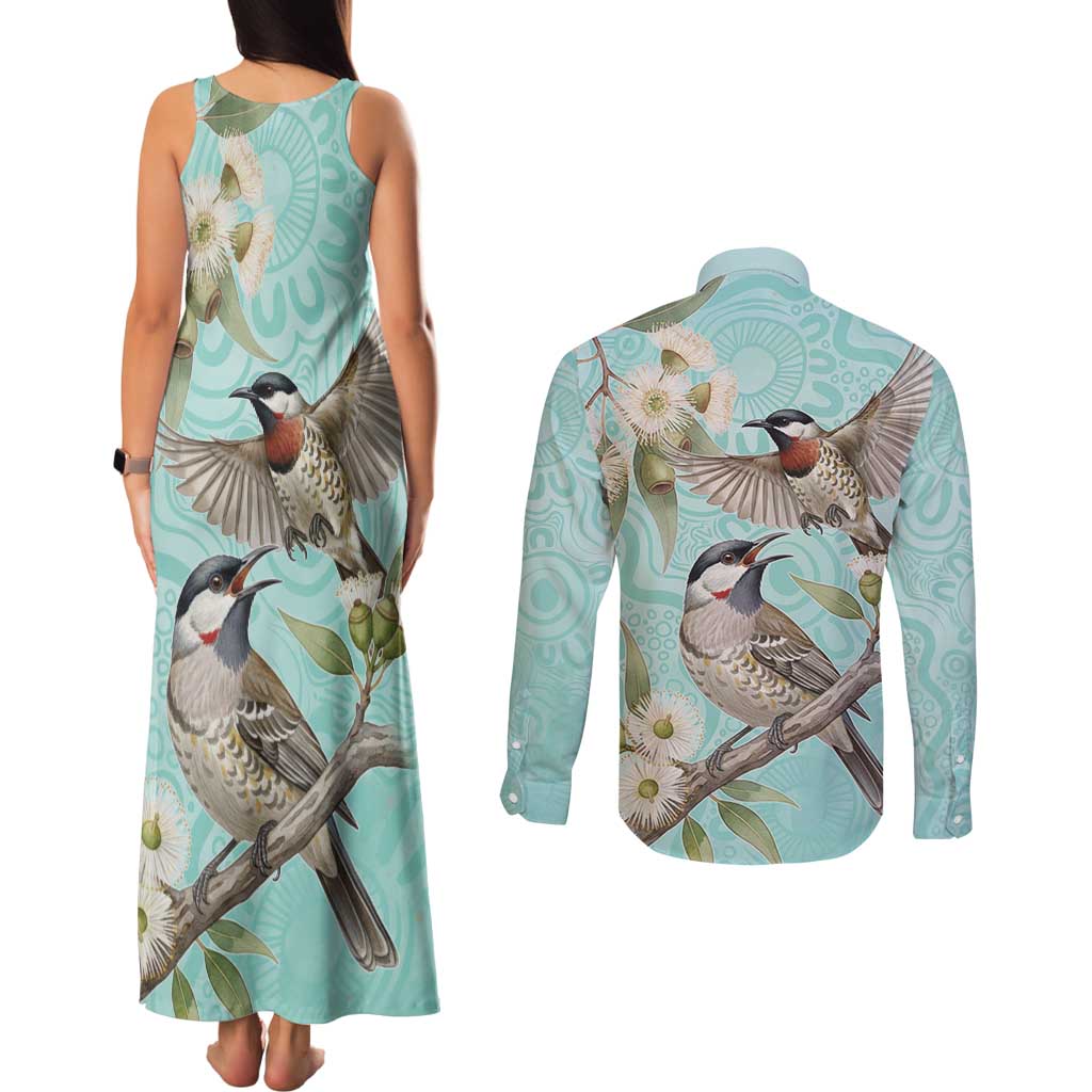 Australia Red Wattlebird Couples Matching Tank Maxi Dress and Long Sleeve Button Shirt Eucalyptus Alba Indigenous Art - Aussie Hoodie