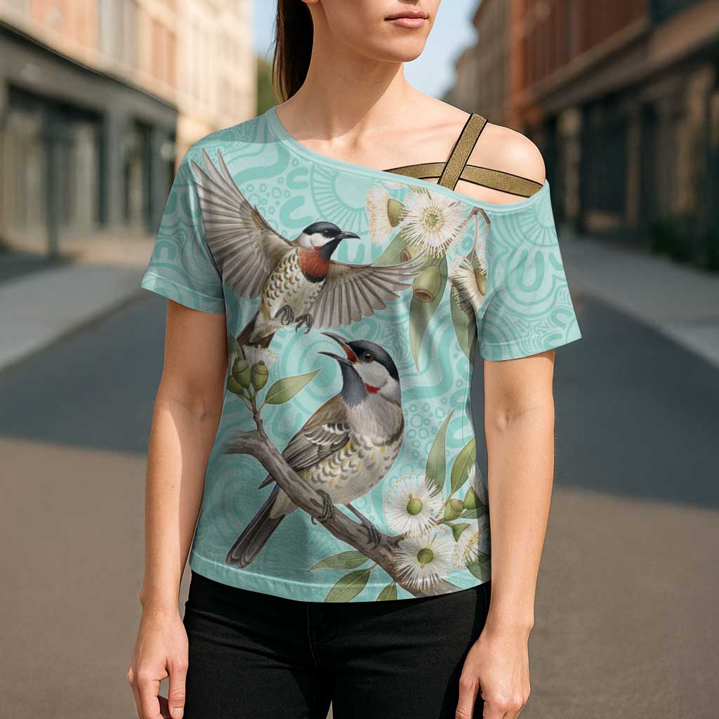 Australia Red Wattlebird Cross Shoulder Shirt Eucalyptus Alba Indigenous Art - Aussie Hoodie