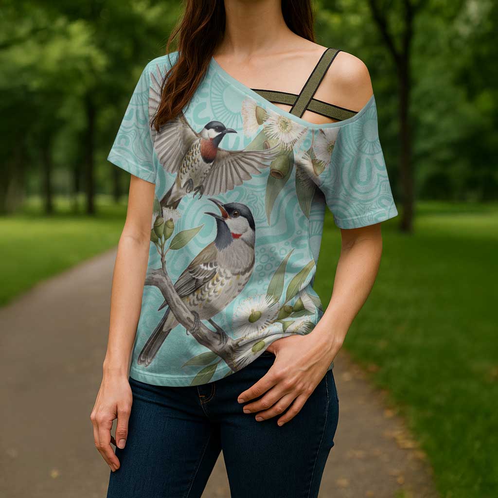 Australia Red Wattlebird Cross Shoulder Shirt Eucalyptus Alba Indigenous Art - Aussie Hoodie