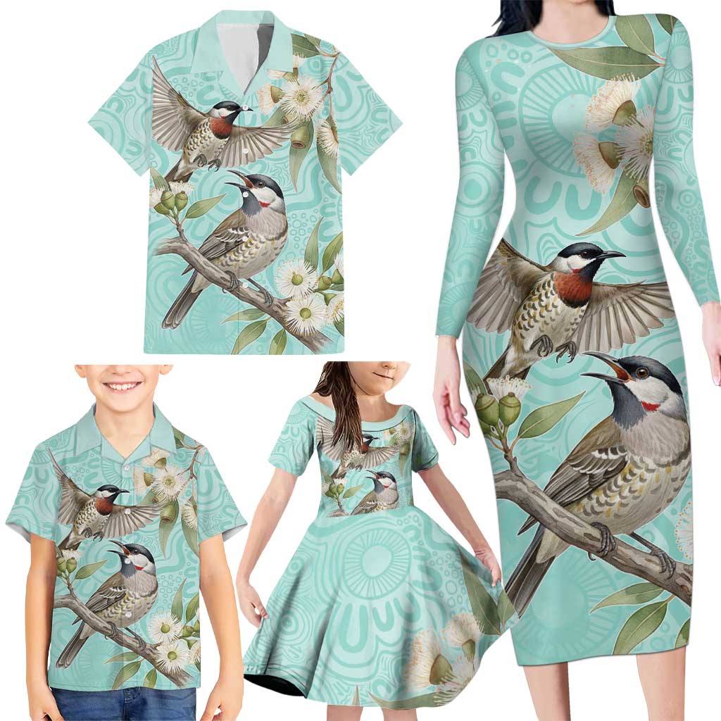Australia Red Wattlebird Family Matching Long Sleeve Bodycon Dress and Hawaiian Shirt Eucalyptus Alba Indigenous Art - Aussie Hoodie
