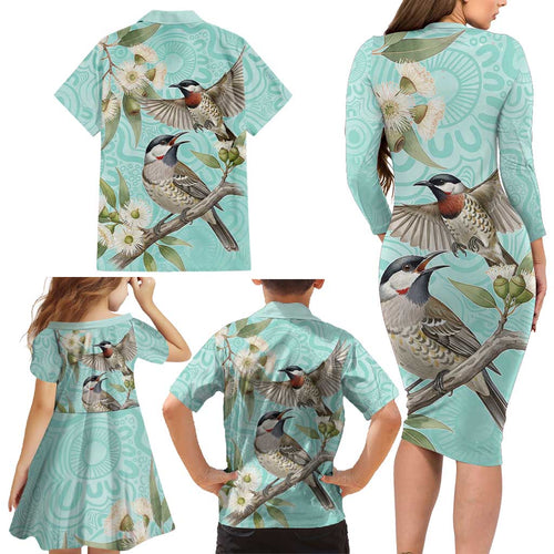 Australia Red Wattlebird Family Matching Long Sleeve Bodycon Dress and Hawaiian Shirt Eucalyptus Alba Indigenous Art - Aussie Hoodie