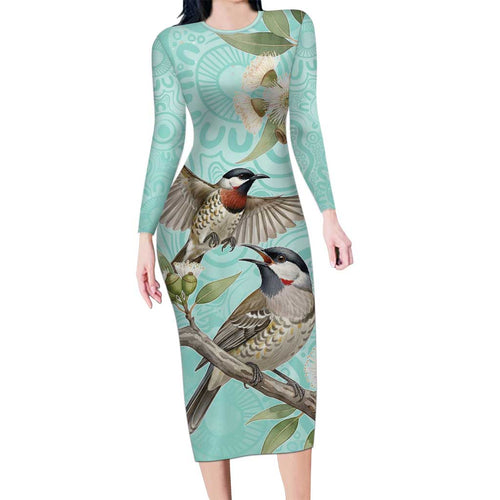 Australia Red Wattlebird Family Matching Long Sleeve Bodycon Dress and Hawaiian Shirt Eucalyptus Alba Indigenous Art - Aussie Hoodie