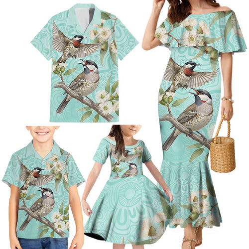 Australia Red Wattlebird Family Matching Mermaid Dress and Hawaiian Shirt Eucalyptus Alba Indigenous Art - Aussie Hoodie