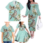 Australia Red Wattlebird Family Matching Off The Shoulder Long Sleeve Dress and Hawaiian Shirt Eucalyptus Alba Indigenous Art - Aussie Hoodie