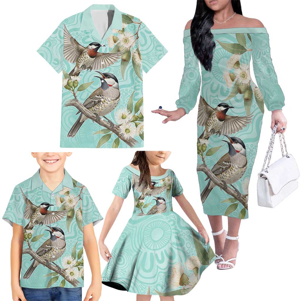 Australia Red Wattlebird Family Matching Off The Shoulder Long Sleeve Dress and Hawaiian Shirt Eucalyptus Alba Indigenous Art - Aussie Hoodie