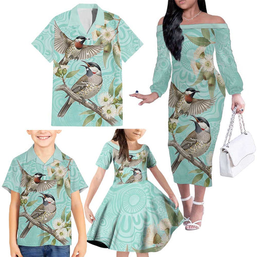 Australia Red Wattlebird Family Matching Off The Shoulder Long Sleeve Dress and Hawaiian Shirt Eucalyptus Alba Indigenous Art - Aussie Hoodie