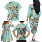 Australia Red Wattlebird Family Matching Off The Shoulder Long Sleeve Dress and Hawaiian Shirt Eucalyptus Alba Indigenous Art - Aussie Hoodie