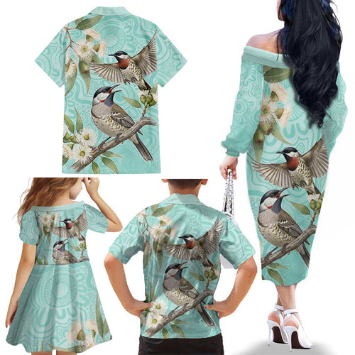 Australia Red Wattlebird Family Matching Off The Shoulder Long Sleeve Dress and Hawaiian Shirt Eucalyptus Alba Indigenous Art - Aussie Hoodie