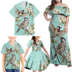 Australia Red Wattlebird Family Matching Off Shoulder Maxi Dress and Hawaiian Shirt Eucalyptus Alba Indigenous Art - Aussie Hoodie