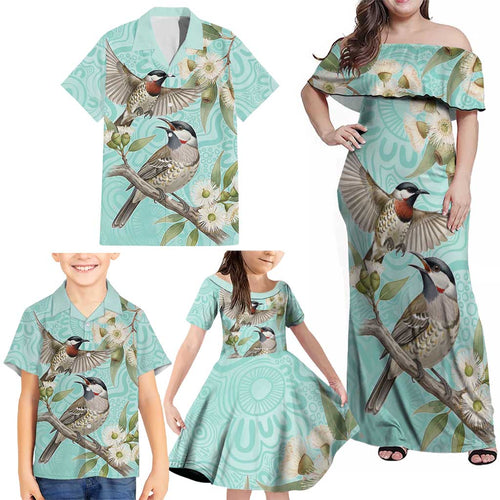 Australia Red Wattlebird Family Matching Off Shoulder Maxi Dress and Hawaiian Shirt Eucalyptus Alba Indigenous Art - Aussie Hoodie