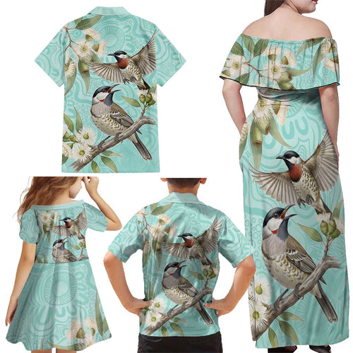Australia Red Wattlebird Family Matching Off Shoulder Maxi Dress and Hawaiian Shirt Eucalyptus Alba Indigenous Art - Aussie Hoodie