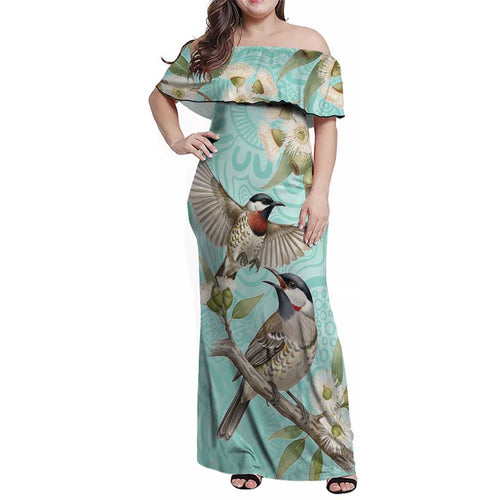 Australia Red Wattlebird Family Matching Off Shoulder Maxi Dress and Hawaiian Shirt Eucalyptus Alba Indigenous Art - Aussie Hoodie