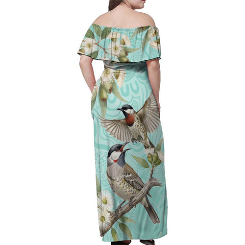 Australia Red Wattlebird Family Matching Off Shoulder Maxi Dress and Hawaiian Shirt Eucalyptus Alba Indigenous Art - Aussie Hoodie
