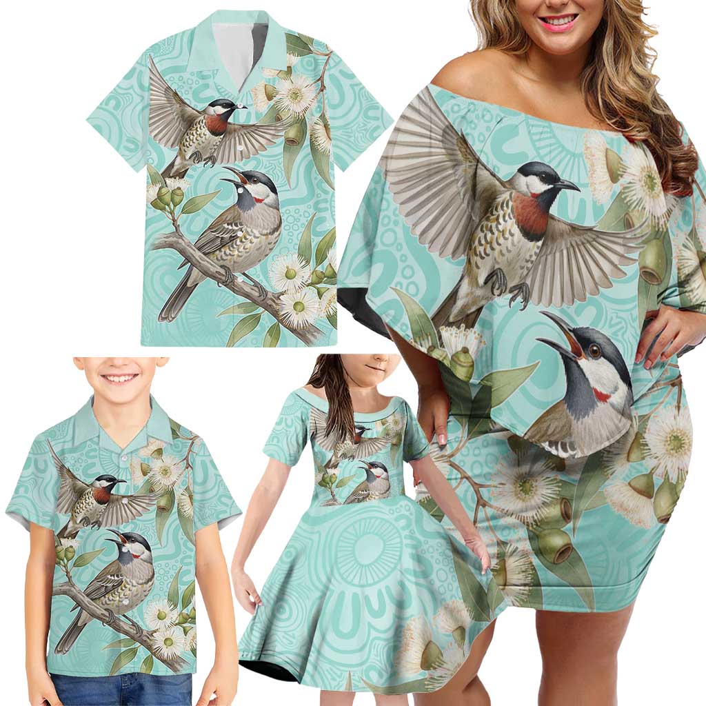 Australia Red Wattlebird Family Matching Off Shoulder Short Dress and Hawaiian Shirt Eucalyptus Alba Indigenous Art - Aussie Hoodie