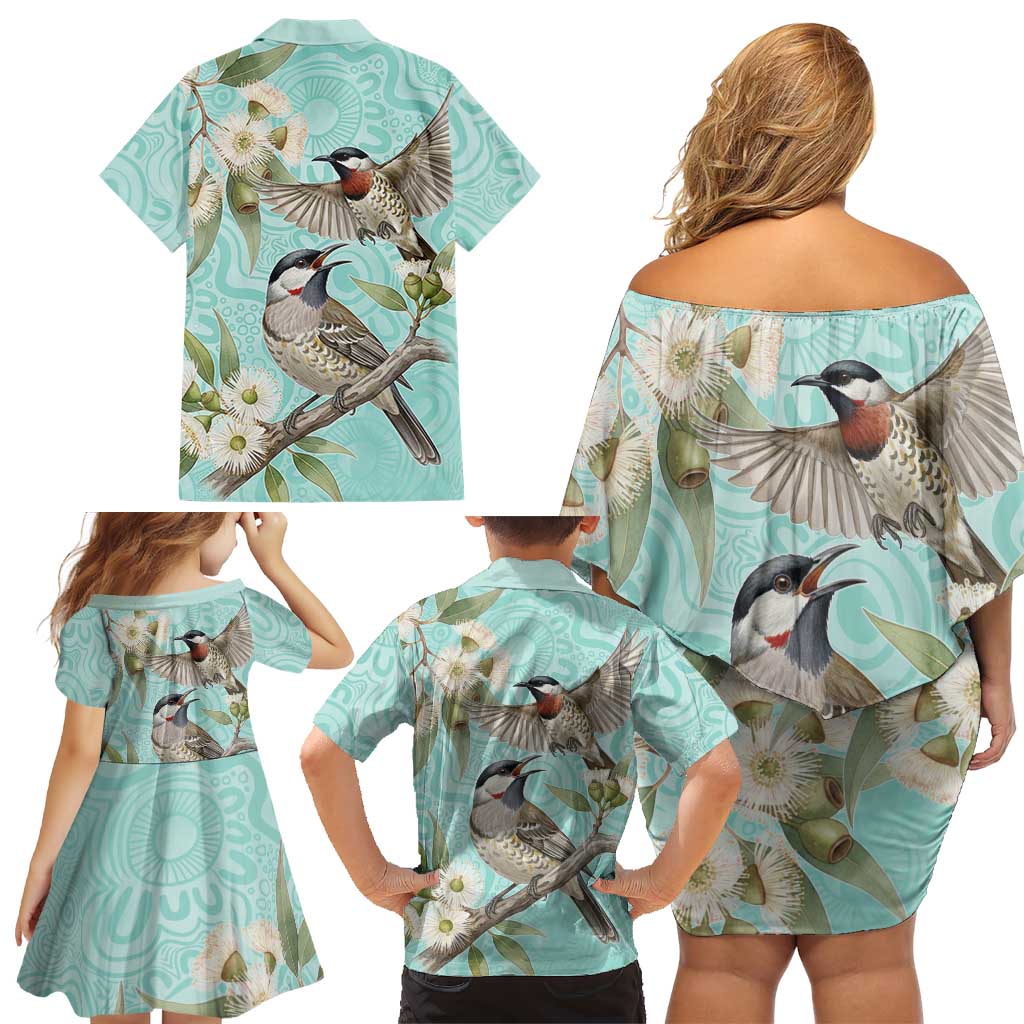 Australia Red Wattlebird Family Matching Off Shoulder Short Dress and Hawaiian Shirt Eucalyptus Alba Indigenous Art - Aussie Hoodie