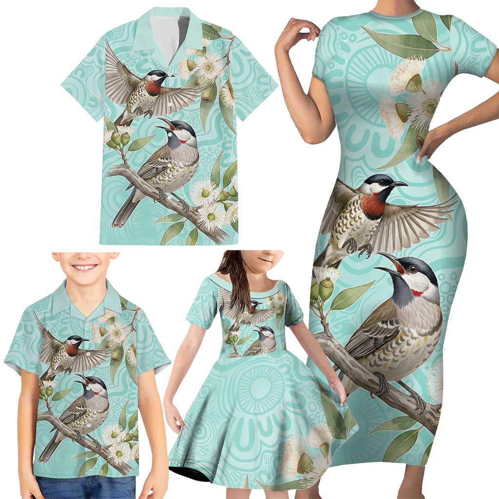 Australia Red Wattlebird Family Matching Short Sleeve Bodycon Dress and Hawaiian Shirt Eucalyptus Alba Indigenous Art - Aussie Hoodie