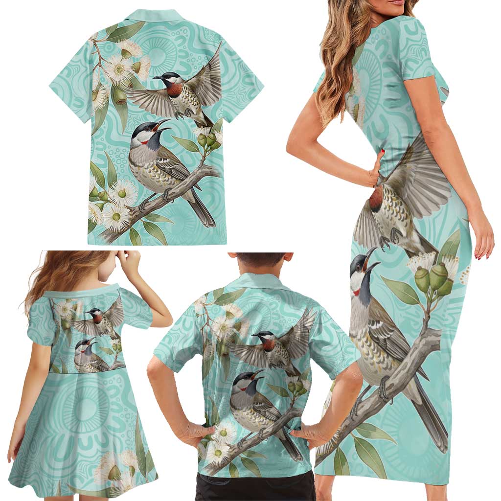 Australia Red Wattlebird Family Matching Short Sleeve Bodycon Dress and Hawaiian Shirt Eucalyptus Alba Indigenous Art - Aussie Hoodie