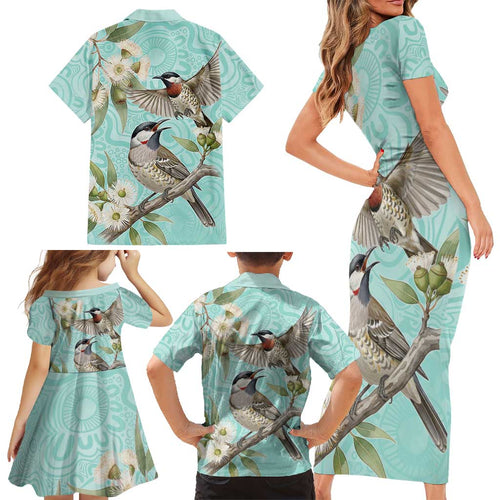 Australia Red Wattlebird Family Matching Short Sleeve Bodycon Dress and Hawaiian Shirt Eucalyptus Alba Indigenous Art - Aussie Hoodie